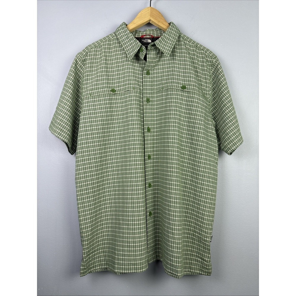 The North Face Button Down Shirt Plaid Mens M Short Sleeve Green Hiking Camp